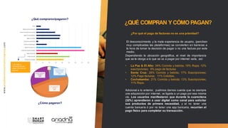 ¿QUÉ COMPRAN YCÓMO PAGAN?
¿Por qué el pago de facturas no es una prioridad?
Dependiendo la ubicación geográfica, el nivel de importancia
que se le otorga a lo que se va a pagar por internet varía, así:
• La Paz & El Alto: 34% Comida y bebida; 19% Ropa; 12%
suscripciones; 9% pago de facturas
• Santa Cruz: 28% Comida y bebida; 17% Suscripciones;
12% Pago facturas; 11% Créditos.
• Cochabamba: 21% Comida y bebida; 13% Suscripciones;
11% Ropa.
Adicional a lo anterior, pudimos darnos cuenta que no siempre
una adquisición por internet, va ligada a un pago por esa misma
vía. Los usuarios manifestaron que durante la cuarentena
(32%) aprendieron a usar digital como canal para solicitar
sus productos de primera necesidad, y al no tener una
cuenta bancaría ó por no tener una app bancaria, recurrían al
pago físico para completar su transacción.
El desconocimiento y la mala experiencia de usuario, (perciben
muy complicadas las plataformas) se convierten en barreras a
la hora de tomar la decisión de pagar o no una factura por este
medio.
¿Cómo pagaron?
¿Qué compraron/pagaron?
1 de cada 3
Personas decide
pagar f acturas por
internet.
 