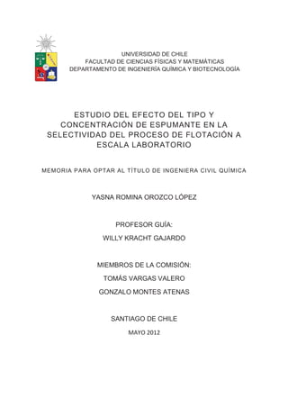 UNIVERSIDAD DE CHILE
FACULTAD DE CIENCIAS FÍSICAS Y MATEMÁTICAS
DEPARTAMENTO DE INGENIERÍA QUÍMICA Y BIOTECNOLOGÍA
ESTUDIO DEL EFECTO DEL TIPO Y
CONCENTRACIÓN DE ESPUMANTE EN LA
SELECTIVIDAD DEL PROCESO DE FLOTACIÓN A
ESCALA LABORATORIO
MEMORIA PARA OPTAR AL TÍTULO DE INGENIERA CIVIL QUÍMICA
YASNA ROMINA OROZCO LÓPEZ
PROFESOR GUÍA:
WILLY KRACHT GAJARDO
MIEMBROS DE LA COMISIÓN:
TOMÁS VARGAS VALERO
GONZALO MONTES ATENAS
SANTIAGO DE CHILE
D zK ϮϬϭϮ
 
