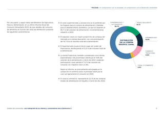 6
Análisis del consumidor: una radiografía de los clientes y consumidores de la Generación Z
FEICASE: Un compromiso con la sociedad, un compromiso con el desarrollo sostenible
Por otra parte, y según datos del Ministerio de Agricultura,
Pesca y Alimentación, en su último Informe Anual del
Consumo Alimentario 2023, da más detalles del consumo
de alimentos en función del canal de distribución presenta
las siguientes características:
• El canal supermercado y autoservicio es el preferido por
los hogares para la compra de alimentación y bebidas
para el abastecimiento doméstico, ya que se reparten el
50,7 % del volumen de alimentación, incrementándose
respecto a 2022.
• El segundo canal con mayor proporción de compras del
mercado es la tienda descuento, con una participación
del 14,1 % en el volumen total de la alimentación.
• El hipermercado ocupa el tercer lugar por orden de
importancia, distribuyendo el 12,9 % del volumen total de
la alimentación.
• La tienda tradicional, también considerada como tienda
especializada o de proximidad, distribuye el 11,9% del
volumen de la alimentación a cierre de 2023, cediendo
participación, pues pierde el 7,0 % del volumen de
compras con respecto hace un año.
Según el informe, es precisamente esta bajada en la
compra en el comercio local, la principal razón por el
cual cae ligeramente el consumo en 2023.
• El canal e-commerce, representa el 2,2 % de las compras
totales de alimentación en España, a cierre de año 2023.
CANAL E-COMMERCE
2,2%
COMERCIO
TRADICIONAL
11,9%
HIPERMERCADO
12,9%
TIENDA DESCUENTO
14,1%
SUPERMERCADO /
AUTOSERVICIO
50,7%
DISTRIBUCIÓN
DE LA COMPRA
SEGÚN EL CANAL
 