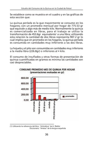 Estudio del Consumo de la Quinua en la Ciudad de Potosí
Se establece como se muestra en el cuadro y en las gráficas de
esta sección que:
La quinua perlada es la que mayormente se consume en los
hogares; con un promedio mensual por hogar de 775.53 gr
que equivale a algo más de medio kilo. Normalmente la quinua
es comercializada en libras, para el trabajo se utiliza la
transformación de 453.6gr equivalente1 a una libra; utilizando
esta relación la cantidad de dos libras representa 907.2 gr lo
cual implica que en promedio en los hogares, la quinua perlada
es consumida en cantidades muy inferiores a las dos libras.
La hojuela y el pito son consumidas en cantidades muy inferiores
a la media libra (226.8gr) o inferiores al • kilo.
El consumo de insuflados y otras formas de presentación de
quinua cuantificadas en gramos es mínima las cantidades son
casi despreciables.
(1) Utilizando la referencia del libro: “Aritmética” de A. Baldor
Diccionario: “Aristos” de la lengua española
36
 