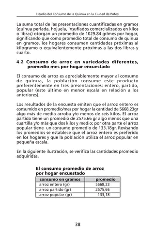 Estudio del Consumo de la Quinua en la Ciudad de Potosí
La suma total de las presentaciones cuantificadas en gramos
(quinua perlada, hojuela, insuflados comercializados en kilos
o libras) otorgan un promedio de 1029.84 gr/mes por hogar,
significando que como promedio total de consumo de quinua
en gramos, los hogares consumen cantidades próximas al
kilogramo o equivalentemente próximas a las dos libras y
cuarto.
4.2 Consumo de arroz en variedades diferentes,
promedio mes por hogar encuestado
El consumo de arroz es apreciablemente mayor al consumo
de quinua, la población consume este producto
preferentemente en tres presentaciones: entero, partido,
popular (este último en menor escala en relación a los
anteriores).
Los resultados de la encuesta emiten que el arroz entero es
consumido en promedio/mes por hogar la cantidad de 5668.23gr
algo más de media arroba y/o menos de seis kilos. El arroz
partido tiene un promedio de 2575.66 gr algo menos que una
cuartilla y/o más que dos kilos y medio; por otra parte el arroz
popular tiene un consumo promedio de 133.18gr. Revisando
los promedios se establece que el arroz entero es preferido
en los hogares y que la población utiliza el arroz popular en
pequeña escala.
En la siguiente ilustración, se verifica las cantidades promedio
adquiridas.
consumo en gramos promedio
arroz entero (gr) 5668,23
arroz partido (gr) 2575,66
arroz popular (gr) 133,18
El consumo promedio de arroz
por hogar encuestado
38
 