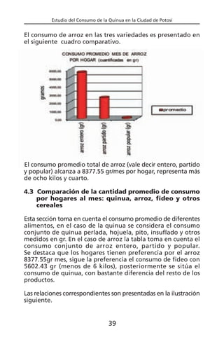 Estudio del Consumo de la Quinua en la Ciudad de Potosí
El consumo de arroz en las tres variedades es presentado en
el siguiente cuadro comparativo.
El consumo promedio total de arroz (vale decir entero, partido
y popular) alcanza a 8377.55 gr/mes por hogar, representa más
de ocho kilos y cuarto.
4.3 Comparación de la cantidad promedio de consumo
por hogares al mes: quinua, arroz, fideo y otros
cereales
Esta sección toma en cuenta el consumo promedio de diferentes
alimentos, en el caso de la quinua se considera el consumo
conjunto de quinua perlada, hojuela, pito, insuflado y otros
medidos en gr. En el caso de arroz la tabla toma en cuenta el
consumo conjunto de arroz entero, partido y popular.
Se destaca que los hogares tienen preferencia por el arroz
8377.55gr mes, sigue la preferencia el consumo de fideo con
5602.43 gr (menos de 6 kilos), posteriormente se sitúa el
consumo de quinua, con bastante diferencia del resto de los
productos.
Las relaciones correspondientes son presentadas en la ilustración
siguiente.
39
 