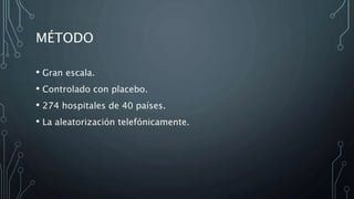 MÉTODO
• Gran escala.
• Controlado con placebo.
• 274 hospitales de 40 países.
• La aleatorización telefónicamente.
 