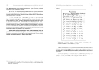 comprendiendo la escuela desde su realidad cotidiana: 350 estudio cualitativo Capítulo 5: Oportunidades de aprendizaje en comunicación y matemática 351 
Cabe agregar que estas últimas composiciones presentan frases recurrentes y discursos 
repetitivos, incluso muchas veces copiados. 
Por otro lado, casi siempre se presenta la definición del tipo de texto y se le solicita 
al estudiante que produzca el texto «estudiado»; no se enmarca la producción en una 
situación comunicativa concreta y estimulante, y que tome en cuenta los saberes previos 
y el contexto cultural de los niños. 
Las tareas encontradas en los cuadernos de los estudiantes son principalmente de 
baja o mediana demanda cognitiva. Algunas tareas de baja demanda observadas son el 
dictado de palabras o frases, trascripción de textos extraídos (casi siempre narraciones) 
de fotocopias o textos escolares, elaboración de textos administrativos como cartas y 
solicitudes como producto de la clase en la cual se ha presentado la definición, estructura 
y modelos de textos. Las tareas de mediana demanda la conforman aquellas producciones 
en las que se les solicita a los estudiantes elaborar descripciones de diferentes elementos 
(personas, animales y objetos) y composiciones sencillas sobre las fechas cívicas. No hemos 
encontrado tareas de alta demanda en esta competencia.282 
Veamos algunos ejemplos representativos de los cuadernos analizados en los que 
predominan tareas de baja demanda cognitiva. Las tareas propuestas por las Escuelas 
demandan a los estudiantes procesos cognitivos poco complejos (ubicar, reconocer, señalar, 
trasladar, listar, nombrar, identificar, repetir o hacer planas). 
Ejemplo 1: 
Trascripción: «Pensamientos. Transcribe y reflexiona acerca de las enseñanzas de los 
siguientes pensamientos: La carencia de afecto es la peor». 
Nótese con este ejemplo que la tarea propuesta demanda del estudiante repetir los 
enunciados hasta completar la página. Este es un ejercicio cuya demanda es evidentemente 
muy baja, pues no se exige que el estudiante haga uso de su pensamiento para construir 
significados 
Veamos otro ejemplo en el que la tarea requiere una demanda cognitiva mayor (con 
relación al anterior). Sin embargo, ambas son de baja demanda cognitiva: 
282. Una tarea de alta demanda cognitiva para esta competencia podría ser la construcción de un 
texto argumentativo o la elaboración de un texto narrativo en el que se incluyen varios personajes 
y se cruzan varios hechos. 
 