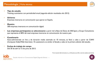 Metodología | Ficha técnica
•

Tipo de estudio
Tracking cuantitativo con periodicidad anual (segunda edición resultados año 2012)

•

Universo
Empresas inversoras en comunicación que operan en España.

•

Muestra
300 empresas inversoras en comunicación digital.

•

Las empresas participantes se seleccionaron a partir de la Base de Datos de IAB Spain y Grupo Consultores
que representa el 80% del total empresas inversoras en comunicación de nuestro país.

•

Cuestionario
Auto-administrado on line y de duración media estimada en 10 minutos, se llevó a cabo a partir de CAWI
(Computer Aided Web Interview). El cuestionario es similar al llevado a cabo en la primera edición del estudio.

•

Fechas de trabajo de campo
Del 30 de abril al 15 de junio de 2013.
*Error muestral 300 entrevistas es + 5,76% (para p=q=50% y nivel de confianza del 95,5%)

Estudio Inversión en Comunicación Digital (Segunda Edición)

9

 