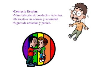 •Contexto Escolar:
•Manifestación de conductas violentas.
•Desacato a las normas y autoridad.
•Signos de ansiedad y pánico.
 