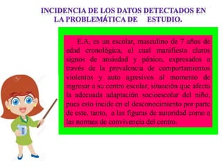 E.A, es un escolar, masculino de 7 años de
edad cronológica, el cual manifiesta claros
signos de ansiedad y pánico, expresados a
través de la prevalencia de comportamientos
violentos y auto agresivos al momento de
ingresar a su centro escolar, situación que afecta
la adecuada adaptación socioescolar del niño,
pues esto incide en el desconocimiento por parte
de este, tanto, a las figuras de autoridad como a
las normas de convivencia del centro.
 