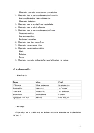 Materiales centrados en problemas gramaticales.
  2. Materiales para la comprensión y expresión escrita
        Comprensión lectora y expresión escrita.
        Materiales de lectura.
  3. Materiales para la ampliación de vocabulario
  4. Materiales para la práctica fonética
  5. Materiales para la comprensión y expresión oral
        Sin apoyo auditivo.
        Con apoyo auditivo.
        Destrezas integradas.
  6. Materiales para fines específicos
  7. Materiales con apoyo de video
  8. Materiales con apoyo informático:
        Chat.
        Debates.
        Foros.
  9. Materiales centrados en la enseñanza de la literatura y la cultura.




d) Implementación.


  1. Planificación


Fases                            Inicio                   Final
1ª Prueba                        15 de septiembre         30 septiembre
Evaluación                       1 Octubre                10 Octubre
2ª Prueba                        11 Octubre               20 Diciembre
Evaluación                       21 Diciembre             8 Enero
Aplicación caso real             9 Enero                  Final de curso




  2. Prototipo.


  -El prototipo es la prueba que se realizara sobre la aplicación de la plataforma
MOODLE.




                                                                               12
 