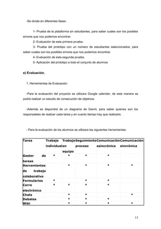 -Se divide en diferentes fases:


        1- Prueba de la plataforma sin estudiantes, para saber cuales son los posibles
errores que nos podemos encontrar.
        2- Evaluación de esta primera prueba.
        3- Prueba del prototipo con un número de estudiantes seleccionados, para
saber cuales son los posibles errores que nos podemos encontrar.
        4- Evaluación de esta segunda prueba.
        5- Aplicación del prototipo a todo el conjunto de alumnos


e) Evaluación.


  1. Herramientas de Evaluación:


  -Para la evaluación del proyecto se utilizara Google calendar, de esta manera se
podrá realizar un estudio de consecución de objetivos.


  -Además se dispondrá de un diagrama de Gannt, para saber quienes son los
responsables de realizar cada tarea y en cuanto tiempo hay que realizarlo.




  - Para la evaluación de los alumnos se utilizara las siguientes herramientas:


Tarea             Trabajo     Trabajo Seguimiento Comunicación Comunicación
                  individual en         proceso          asincrónica      sincrónica
                              equipo
Gestor        de       *         *              *               *
tareas
Herramientas                        *           *               *                 *
de      trabajo
colaborativo
Formularios            *                        *               *
Corre                  *            *           *               *
electrónico
Chats                               *           *                                 *
Debates                             *           *               *
Wiki                                *           *               *                 *



                                                                                      13
 