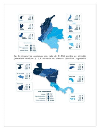 En Centroamérica contamos con más de 11,758 puntos de atención
prestamos servicios a 3.8 millones de clientes bancarios regionales.
 