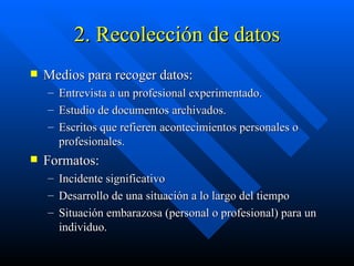 2. Recolección de datos Medios para recoger datos: Entrevista a un profesional experimentado. Estudio de documentos archivados. Escritos que refieren acontecimientos personales o profesionales. Formatos: Incidente significativo Desarrollo de una situación a lo largo del tiempo Situación embarazosa (personal o profesional) para un individuo. 