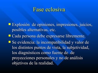 Fase eclosiva Explosión  de opiniones, impresiones, juicios, posibles alternativas, etc. Cada persona debe expresarse libremente. Se evidencia: la incompatibilidad y valor de los distintos puntos de vista, la subjetividad, los diagnósticos como fuente de  de proyecciones personales y no de análisis objetivos de la realidad. 