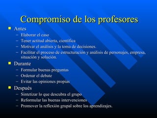 Compromiso de los profesores Antes Elaborar el caso Tener actitud abierta, científica Motivar el análisis y la toma de decisiones. Facilitar el proceso de estructuración y análisis de personajes, empresa, situación y solución. Durante Formular buenas preguntas Ordenar el debate Evitar las opiniones propias Después Sintetizar lo que descubra el grupo Reformular las buenas intervenciones Promover la reflexión grupal sobre los aprendizajes. 