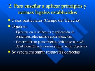 2. Para enseñar a aplicar principios y normas legales establecidos Casos particulares (Campo del Derecho) Objetivo:  Ejercitar en la selección y aplicación de principios adecuadas a cada situación. Desarrollar un pensamiento deductivo a través de al atención a la norma y referencias objetivas Se espera encontrar respuestas correctas. 