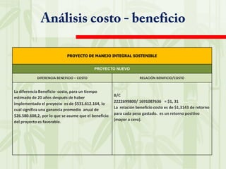 Estimular la utilización de las áreas de alta pendiente hacia la generación de coberturas boscosas que incrementen y garanticen en el futuro el suministro sostenible de agua y de recursos maderables. Análisis cualitativo Costos / Beneficios