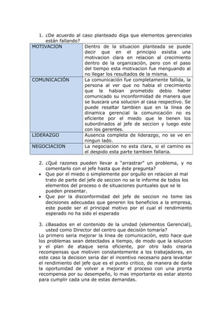 1. ¿De acuerdo al caso planteado diga que elementos gerenciales
están fallando?
MOTIVACION Dentro de la situacion planteada se puede
decir que en el principio existia una
motivacion clara en relacion al crecimiento
dentro de la organización, pero con el paso
del tiempo esta motivacion fue menguando al
no llegar los resultados de la misma.
COMUNICACIÓN La comunicación fue completamente fallida, la
persona al ver que no habia el crecimiento
que le habian prometido debio haber
comunicado su inconformidad de manera que
se buscara una solucion al casa respectivo. Se
puede resaltar tambien que en la linea de
dinamica gerencial la comunicación no es
eficiente por el miedo que le tienen los
subordinados al jefe de seccion y luego este
con los gerentes.
LIDERAZGO Ausencia completa de liderazgo, no se ve en
ningun lado.
NEGOCIACION La negociacion no esta clara, si el camino es
el despido esta parte tambien fallaria.
2. ¿Qué razones pueden llevar a “arrastrar” un problema, y no
comentarlo con el jefe hasta que éste pregunta?
• Que por el miedo o simplemente por orgullo en relacion al mal
trato de parte del jefe de seccion no se le informe de todos los
elementos del proceso o de situaciones puntuales que se le
pueden presentar.
• Que por la disconformidad del jefe de seccion no tome las
decisiones adecuadas que generen los beneficios a la empresa,
este puede ser el principal motivo por el cual el rendimiento
esperado no ha sido el esperado
3. ¿Basados en el contenido de la unidad (elementos Gerencial),
usted como Director del centro que decisión tomaría?
Lo primero seria mejorar la linea de comunicación, esto hace que
los problemas sean detectados a tiempo, de modo que la solucion
y el plan de ataque seria eficiente, por otro lado crearia
recompensas que motiven constantemente a los trabajadores, en
este caso la decision seria dar el incentivo necesario para levantar
el rendimiento del jefe que es el punto critico, de manera de darle
la oportunidad de volver a mejorar el proceso con una pronta
recompensa por su desempeño, lo mas importante es estar atento
para cumplir cada una de estas demandas.
 