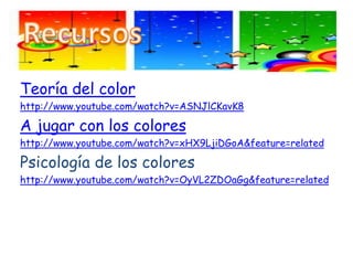 RecursosTeoría del colorhttp://www.youtube.com/watch?v=ASNJlCKavK8A jugar con los coloreshttp://www.youtube.com/watch?v=xHX9LjiDGoA&feature=relatedPsicología de los coloreshttp://www.youtube.com/watch?v=OyVL2ZDOaGg&feature=related