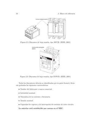 10 2 Marco de referencia
Figura 2.2: Disyuntor de baja tensi´on, tipo MCCB. (IEEE, 2001)
Figura 2.3: Disyuntor de baja tensi´on, tipo LVPCB. (IEEE, 2001)
Todos los disyuntores deber´an se identiﬁcados por su parte frontal y lleva-
r´an grabadas las siguientes caracter´ısticas:
• Nombre del fabricante o marca comercial.
• Intensidad nominal.
• Naturaleza de la corriente y frecuencia.
• Tensi´on nominal.
• Capacidad de ruptura o de interrupci´on de corriente de corto circuito.
Lo anterior est´a establecido por norma en el NEC.
 