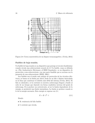 16 2 Marco de referencia
Figura 2.8: Curva caracter´ıstica de un disparo termomagn´etico. (Ure˜na, 2014)
Fusibles de baja tensi´on.
Un fusible de baja tensi´on es un dispositivo que protege al circuito fundi´endose
cuando circula una sobrecorriente atrav´es de ´el. Un fusible, como es deﬁnido
en The Authoritative Dictionary of IEEE Standards, es un dispositivo de
protecci´on a una sobrecorriente, con una parte fundible que se acciona con la
presencia de una sobrecorriente (IEEE, 2001).
Los fusibles son el medio m´as antiguo de protecci´on de los circuitos el´ec-
tricos, se basan en la fusi´on por efecto Joule de un hilo o l´amina intercalada
en la l´ınea que constituye el eslab´on m´as d´ebil del sistema (Ure˜na, 2014). El
hilo es calentado y si la corriente es excesiva (sobrecarga) llegar´a a fundir al
cabo de un tiempo que depende (en forma cuadr´atica inversa) del grado de
sobrecarga. Si se produce un cortocircuito, al ser la fusi´on dependiente de la
energ´ıa, se producir´a una fusi´on instant´anea. La fusi´on se produce cuando se
le da la energ´ıa necesaria. Esta energ´ıa se expresa con 2.1.
E = R · I2
· t (2.1)
Donde:
• R: resistencia del hilo fusible.
• I: corriente que circula.
 