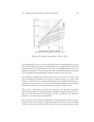 2.1. Sistemas de protecci´on en redes industriales 21
Figura 2.10: Gr´aﬁca de paso libre. (Ure˜na, 2014).
del transformador decae, y la onda de salida pude ser distorsionada por arm´o-
nicas. La saturaci´on produce una disminuci´on en la magnitud de la onda del
secundario del TC. La gravedad de este error de transformaci´on varia con el
grado de saturaci´on. Con una saturaci´on total, virtualmente no ﬂuye corriente
en el secundario del transformador pasado el primer cuarto de ciclo.
Una selectiva coordinaci´on de protecciones no se presentar´a si el TC se sa-
tura. El disparo del disyuntor del circuito se puede retasar o no ocurrir. Tal
evento se traducir´ıa en la operaci´on del disyuntor de respaldo del circuito y el
resultado es un aumento en el tiempo de interrupci´on. Rel´e de sobrecorriente
instant´anea pueden no accionarse donde la corriente de falla es alta.
Para evitar o minimizar los efectos de saturaci´on, la carga del secundario
deben de mantenerse lo m´as bajo posible. Donde se esperan corrientes de fa-
llas de m´as de 20 veces el valor de placa del TC, un diferente TC, diferente
relaci´on, o una baja carga son requiridos.
En la mayor´ıa de los sistemas industriales, la saturaci´on de los TCs es signi-
ﬁcativa solo en los circuitos con relaciones bajas de los TCs y altas corrientes
de falla. A m´as alta tensi´on los TCs suelen tener m´as vueltas, mayor raz´on
 