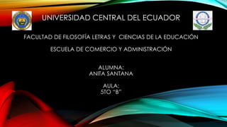 UNIVERSIDAD CENTRAL DEL ECUADOR
FACULTAD DE FILOSOFÍA LETRAS Y CIENCIAS DE LA EDUCACIÓN
ESCUELA DE COMERCIO Y ADMINISTRACIÓN
ALUMNA:
ANITA SANTANA
AULA:
5TO “B”
 