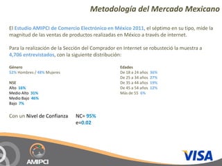 Metodología del Mercado Mexicano

El Estudio AMIPCI de Comercio Electrónico en México 2011, el séptimo en su tipo, mide la 
magnitud de las ventas de productos realizadas en México a través de internet.

Para la realización de la Sección del Comprador en Internet se robusteció la muestra a 
4,706 entrevistados, con la siguiente distribución:

Género                                           Edades
52% Hombres / 48% Mujeres                        De 18 a 24 años  36%
                                                 De 25 a 34 años  27%
NSE                                              De 35 a 44 años  19%
Alto  16%                                        De 45 a 54 años  12%
Medio Alto  31%                                  Más de 55  6%
Medio Bajo  46%
Bajo  7%


Con un Nivel de Confianza    NC= 95% 
                             e=0.02
 