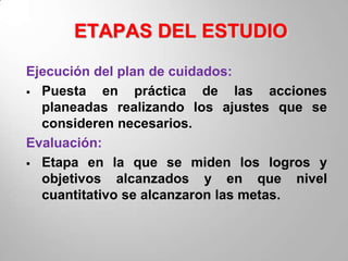 ETAPAS DEL ESTUDIO
Ejecución del plan de cuidados:
 Puesta    en práctica de las acciones
  planeadas realizando los ajustes que se
  consideren necesarios.
Evaluación:
 Etapa en la que se miden los logros y
  objetivos alcanzados y en que nivel
  cuantitativo se alcanzaron las metas.
 