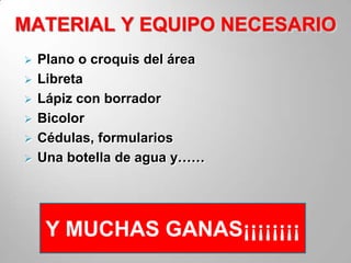 MATERIAL Y EQUIPO NECESARIO
   Plano o croquis del área
   Libreta
   Lápiz con borrador
   Bicolor
   Cédulas, formularios
   Una botella de agua y……




     Y MUCHAS GANAS¡¡¡¡¡¡¡¡
 