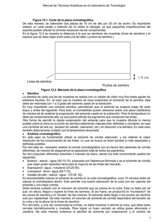 Manual de Técnicas Analíticas en el Laboratorio de Toxicología
4
Figura 12.1. Corte de la placa cromatográfica.
De esta manera, se obtendrán dos placas de 10 cm de alto por 20 cm de ancho. Es importante
realizar un corte parejo y tratando de no dañar la sílicagel, ya que pequeñas imperfecciones del
soporte pueden afectar la correcta resolución de los componentes.
En la figura 12.2 se muestra la distancia a la que se siembran las muestras (línea de siembra) y el
espacio que se debe dejar entre cada una de ellas ( puntos de siembra ).
Figura 12.2. Marcado de la placa cromatográfica
 Siembra
La siembra de cada una de las muestras se realiza con un capilar de vidrio muy fino hasta agotar los
extractos líquidos. En el caso que la muestra se haya evaporado al momento de la siembra, ésta
debe ser retomada con 1 a 2 gotas del solvente usado en la extracción.
Es muy importante una correcta siembra, permitiendo que el solvente se evapore luego de cada
toque y antes del siguiente. Para esto, el cromatofolio puede colocarse sobre una placa calefactora
de manera tal de acelerar la evaporación del solvente usado en la extracción. Pero la temperatura no
debe ser excesivamente alta, ya que podría afectar los pigmentos que componen las tintas.
Otra forma de permitir la rápida evaporación del solvente para que la muestra difunda lo menos
posible sobre la sílica en el punto de siembra obteniendo máculas bien definidas y circulares, es usar
una corriente de aire (ej.: secador de cabello, caloventor, etc.) en dirección a la siembra. En este caso
también debe tenerse cuidado con la temperatura alcanzada.
 Análisis cromatográfico
En este paso es fundamental utilizar el solvente de corrida adecuado, y así obtener la mejor
resolución de los componentes de las tintas. Lo que se busca es tener bandas lo más separadas y
definidas posibles.
Por otro lado es necesario realizar la corrida cromatográfica con al menos dos solventes de corrida
diferentes, de manera de asegurarnos la separación total de todos los pigmentos.
Se han propuesto diferentes solventes o mezclas de éstos, siendo los más comúnmente usados los
siguientes:
 Butanol - etanol - agua (50:10:15), propuesto por Nakamura-Shimoda y es el solvente de corrida
que mejor poder resolutivo tiene para la mayoría de las tintas del mercado.
 Isopropanol - agua - n-butanol (25:25:50).
 n-propanol - fenol - agua (28:7:15).
 Acetato de etilo - etanol - agua - (70:35: 30).
Es recomendable colocar el solvente de corrida en la cuba cromatográfica, unos 15 minutos antes de
colocar la cromatoplaca dentro. Esto permite una buena saturación de la cuba con los vapores del
solvente y una mejor corrida.
Debe tenerse cuidado con el volumen de solvente que se coloca en la cuba. Este no debe ser tal
que, en altura, llegue o supere la línea de siembra. Si así fuera, se produciría la "inundación" de
las zonas de siembra y el "lavado" de las mismas. El solvente debe llegar a los puntos de siembra
solo por capilaridad. De esta manera, el volumen de solvente de corrida dependerá del tamaño de
la cuba y de la altura de la línea de siembra.
Por otro lado, y una vez comenzada la corrida, no debe moverse ni abrirse la cuba, que debe estar
cerrada herméticamente y nivelada. Para lograr un buen cerrado se utiliza grasa siliconada o
vaselina. De esta manera evitamos la pérdida de solvente por evaporación y el cambio de
1.5 cm
Línea de siembra
Puntos de siembra
 