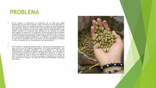 PROBLEMA
 En el mundo es importante la existencia de un café que venga
edulcorado de una forma natural y que no afecte el nivel glucémico y
de esa misma forma no contenga calorías, lo cual sería muy provechoso
para aquellos amantes al buen café y para aquellos que han dejado de
consumir este producto ya que por algún tipo de enfermedades o por
simple vanidad, no consumen esta bebida, ya no tendrán un motivo
para negarse a consumirla, el propósito de este proyecto está enfocado
en aquellas personas que se preocupan por el bienestar de su salud o
sufren de algunas enfermedades como la diabetes, los cuales los limita
al no consumo de algunos productos, al combinar una tendencia que es
el café con un beneficio que es la stevia, se busca satisfacer y facilitar
la vida y los gustos de los consumidores de este producto.

 En Colombia el riesgo de diabetes tipo 2, una de las enfermedades que
más crecen por los hábitos sedentarios y de mala alimentación, que
además están causando obesidad, es un problema el cual afecta
directamente a la población desde media a alta edad, en mi estudio ya
conocemos de antemano a quien va dirigido este producto, lo enfoco a
esta necesidad ya que se ofrece un beneficio y ahorro en tiempo ya
que la mezcla de café ya viene procesada y endulzada con stevia lo
cual reducirá el tiempo y el riego de dichas enfermedades derivadas
del azúcar.
 