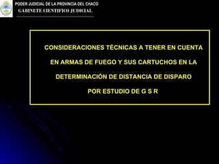 PODER JUDICIAL DE LA PROVINCIA DEL CHACOPODER JUDICIAL DE LA PROVINCIA DEL CHACO
GABINETE CIENTIFICO JUDICIALGABINETE CIENTIFICO JUDICIAL
CONSIDERACIONES TÉCNICAS A TENER EN CUENTA
EN ARMAS DE FUEGO Y SUS CARTUCHOS EN LA
DETERMINACIÓN DE DISTANCIA DE DISPARO
POR ESTUDIO DE G S R
 