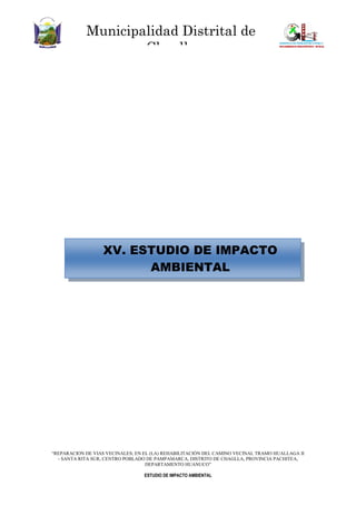 “REPARACION DE VIAS VECINALES; EN EL (LA) REHABILITACIÓN DEL CAMINO VECINAL TRAMO HUALLAGA II
- SANTA RITA SUR, CENTRO POBLADO DE PAMPAMARCA, DISTRITO DE CHAGLLA, PROVINCIA PACHITEA,
DEPARTAMENTO HUANUCO”
ESTUDIO DE IMPACTO AMBIENTAL
Municipalidad Distrital de
Chaglla
“GERENCIA DE INFRAESTRUCTURA Y DESARROLLO URBANÍSTICO”
XV. ESTUDIO DE IMPACTO
AMBIENTAL
 