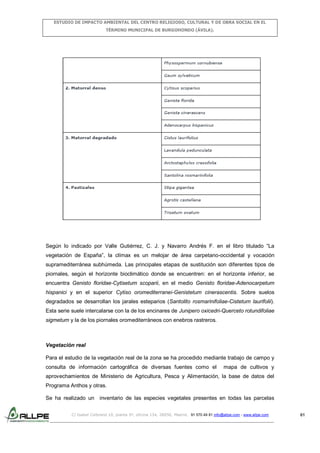 ESTUDIO DE IMPACTO AMBIENTAL DEL CENTRO RELIGIOSO, CULTURAL Y DE OBRA SOCIAL EN EL
TÉRMINO MUNICIPAL DE BURGOHONDO (ÁVILA).

Según lo indicado por Valle Gutiérrez, C. J. y Navarro Andrés F. en el libro titulado “La
vegetación de España”, la clímax es un melojar de área carpetano-occidental y vocación
supramediterránea subhúmeda. Las principales etapas de sustitución son diferentes tipos de
piornales, según el horizonte bioclimático donde se encuentren: en el horizonte inferior, se
encuentra Genisto floridae-Cytisetum scoparii, en el medio Genisto floridae-Adenocarpetum
hispanici y en el superior Cytiso oromediterranei-Genistetum cinerascentis. Sobre suelos
degradados se desarrollan los jarales esteparios (Santolito rosmarinifoliae-Cistetum laurifolii).
Esta serie suele intercalarse con la de los encinares de Junipero oxicedri-Querceto rotundifoliae
sigmetum y la de los piornales oromediterráneos con enebros rastreros.

Vegetación real
Para el estudio de la vegetación real de la zona se ha procedido mediante trabajo de campo y
consulta de información cartográfica de diversas fuentes como el

mapa de cultivos y

aprovechamientos de Ministerio de Agricultura, Pesca y Alimentación, la base de datos del
Programa Anthos y otras.
Se ha realizado un inventario de las especies vegetales presentes en todas las parcelas
C/ Isabel Colbrand 10, planta 5ª, oficina 134, 28050, Madrid. 91 570 49 81 info@allpe.com - www.allpe.com

61

 