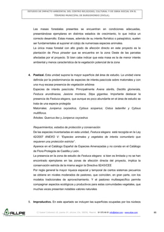 ESTUDIO DE IMPACTO AMBIENTAL DEL CENTRO RELIGIOSO, CULTURAL Y DE OBRA SOCIAL EN EL
TÉRMINO MUNICIPAL DE BURGOHONDO (ÁVILA).

Las masas forestales presentes se encuentran en condiciones adecuadas,
presentándose ejemplares en distintos estadios de crecimiento, lo que indica un
correcto desarrollo. Estas masas, además de su interés florístico o paisajístico, suelen
ser fundamentales al suponer el cobijo de numerosas especies animales.
La única masa forestal con alto grado de afección directo en este proyecto es la
plantación de Pinus pinaster que se encuentra en la zona Oeste de las parcelas
afectadas por el proyecto. Si bien cabe indicar que esta masa es la de menor interés
ambiental y menos característica de la vegetación potencial de la zona

4. Pastizal. Esta unidad supone la mayor superficie del área de estudio. La unidad viene
definida por la predominancia de especies de interés pascícola sobre matorrales y con
una muy escasa presencia de vegetación arbórea
Especies de interés pascícola: Principalmente Avena sterilis, Dactilis glomerata,
Festuca arundinacea, Jasione montana, Stipa gigantea. Importante destacar la
presencia de Festuca elegans, que aunque es poco abundante en el área de estudio se
trata de una especie protegida
Matorrales: Juniperus oxycedrus, Cytisus scoparius; Cistus ladanifer y Cytisus
multiflorus.
Árboles: Quercus ilex y Juniperus oxycedrus

Requerimientos, estados de protección y conservación
De las especies inventariadas en esta unidad, Festuca elegans está recogida en la Ley
42/2007 ANEXO V: “Especies animales y vegetales de interés comunitario que
requieren una protección estricta” .
Aparece en el Catálogo Español de Especies Amenazadas y no consta en el Catálogo
de Flora Protegida de Castilla y León.
La presencia en la zona de estudio de Festuca elegans si bien es limitada y no se han
encontrado ejemplares en las zonas de afección directa del proyecto, implica la
conservación estricta de la misma según la Directiva 92/43/CEE
Por regla general la mayor riqueza espacial y temporal de ciertos sistemas pecuarios
se obtiene en niveles moderados de pastoreo, que coinciden, en gran parte, con los
modelos tradicionales de aprovechamiento. Y el pastoreo multiespecífico permite
compaginar aspectos ecológicos y productivos para estas comunidades vegetales, que
muchas veces presentan notables valores naturales

5. Improductivo. En este apartado se incluyen las superficies ocupadas por los núcleos

C/ Isabel Colbrand 10, planta 5ª, oficina 134, 28050, Madrid. 91 570 49 81 info@allpe.com - www.allpe.com

65

 