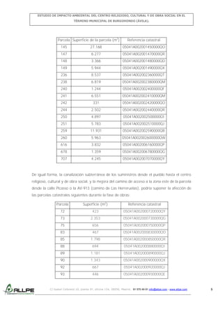 ESTUDIO DE IMPACTO AMBIENTAL DEL CENTRO RELIGIOSO, CULTURAL Y DE OBRA SOCIAL EN EL
TÉRMINO MUNICIPAL DE BURGOHONDO (ÁVILA).

Parcela Superficie de la parcela (m2)

Referencia catastral

145

27.168

05041A002001450000QO

147

6.277

05041A002001470000QR

148

3.366

05041A002001480000QD

149

5.944

05041A002001490000QX

236

8.537

05041A002002360000QT

238

6.819

05041A002002380000QM

240

1.244

05041A002002400000QF

241

6.551

05041A002002410000QM

242

331

05041A002002420000QO

244

2.502

05041A002002440000QR

250

4.897

05041A002002500000QI

251

5.783

05041A002002510000QJ

259

11.931

05041A002002590000QB

260

5.963

05041A002002600000QW

616

3.832

05041A002006160000QP

678

1.359

05041A002006780000QG

707

4.245

05041A002007070000QY

De igual forma, la canalización subterránea de los suministros desde el pueblo hasta el centro
religioso, cultural y de obra social, y la mejora del camino de acceso a la zona este de la parcela
desde la calle Picasso o la AV-913 (camino de Las Herreruelas), podría suponer la afección de
las parcelas catastrales siguientes durante la fase de obras:
Parcela

Superficie (m2)

Referencia catastral

72

423

05041A002000720000QY

73

2.353

05041A002000730000QG

75

656

05041A002000750000QP

83

467

05041A002000830000QO

85

1.798

05041A002000850000QR

88

694

05041A002000880000QI

89

1.181

05041A002000890000QJ

90

1.343

05041A002000900000QX

92

667

05041A002000920000QJ

93

446

05041A002000930000QE

C/ Isabel Colbrand 10, planta 5ª, oficina 134, 28050, Madrid. 91 570 49 81 info@allpe.com - www.allpe.com

5

 