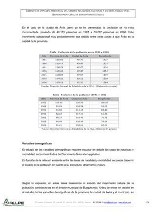 ESTUDIO DE IMPACTO AMBIENTAL DEL CENTRO RELIGIOSO, CULTURAL Y DE OBRA SOCIAL EN EL
TÉRMINO MUNICIPAL DE BURGOHONDO (ÁVILA).

En el caso de la ciudad de Ávila como ya se ha comentado, la población se ha visto
incrementada, pasando de 40.173 personas en 1981 a 53.272 personas en 2006. Este
incremento poblacional muy probablemente sea debido entre otras cosas a que Ávila es la
capital de la provincia.

Variables demográficas
El estudio de las variables demográficas requiere estudiar en detalle las tasas de natalidad y
mortalidad, así como el Índice de Crecimiento Natural o vegetativo.
En función de la relación existente entre las tasas de natalidad y mortalidad, se puede discernir
el estado de la población en cuanto a su estructura, dinamismo y futuro.

Según lo expuesto, en estas tasas basaremos el estudio del movimiento natural de la
población, centrándonos en el ámbito municipal de Burgohondo. Antes de entrar en detalle en
el estudio de las variables demográficas de la provincia, la ciudad de Ávila y el municipio, es

C/ Isabel Colbrand 10, planta 5ª, oficina 134, 28050, Madrid. 91 570 49 81 info@allpe.com - www.allpe.com

78

 