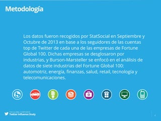 Metodología
Los datos fueron recogidos por StatSocial en Septiembre y
Octubre de 2013 en base a los seguidores de las cuentas
top de Twitter de cada una de las empresas de Fortune
Global 100. Dichas empresas se desglosaron por
industrias, y Burson-Marsteller se enfocó en el análisis de
datos de siete industrias del Fortune Global 100:
automotriz, energía, finanzas, salud, retail, tecnología y
telecomunicaciones.
2
 