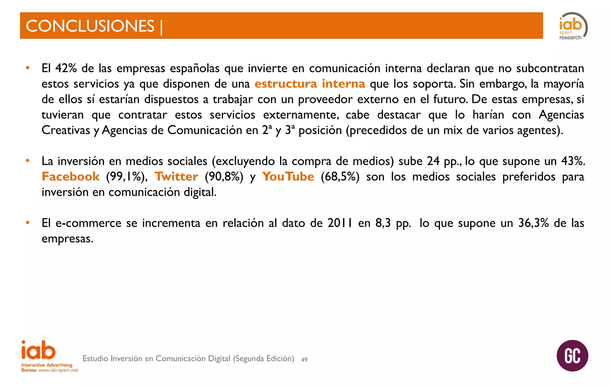 CONCLUSIONES |
• El 42% de las empresas españolas que invierte en comunicación interna declaran que no subcontratan
estos servicios ya que disponen de una estructura interna que los soporta. Sin embargo, la mayoría
de ellos sí estarían dispuestos a trabajar con un proveedor externo en el futuro. De estas empresas, si
tuvieran que contratar estos servicios externamente, cabe destacar que lo harían con Agencias
Creativas y Agencias de Comunicación en 2ª y 3ª posición (precedidos de un mix de varios agentes).
• La inversión en medios sociales (excluyendo la compra de medios) sube 24 pp., lo que supone un 43%.
Facebook (99,1%), Twitter (90,8%) y YouTube (68,5%) son los medios sociales preferidos para
inversión en comunicación digital.
• El e-commerce se incrementa en relación al dato de 2011 en 8,3 pp. lo que supone un 36,3% de las
empresas.

Estudio Inversión en Comunicación Digital (Segunda Edición)

49

 
