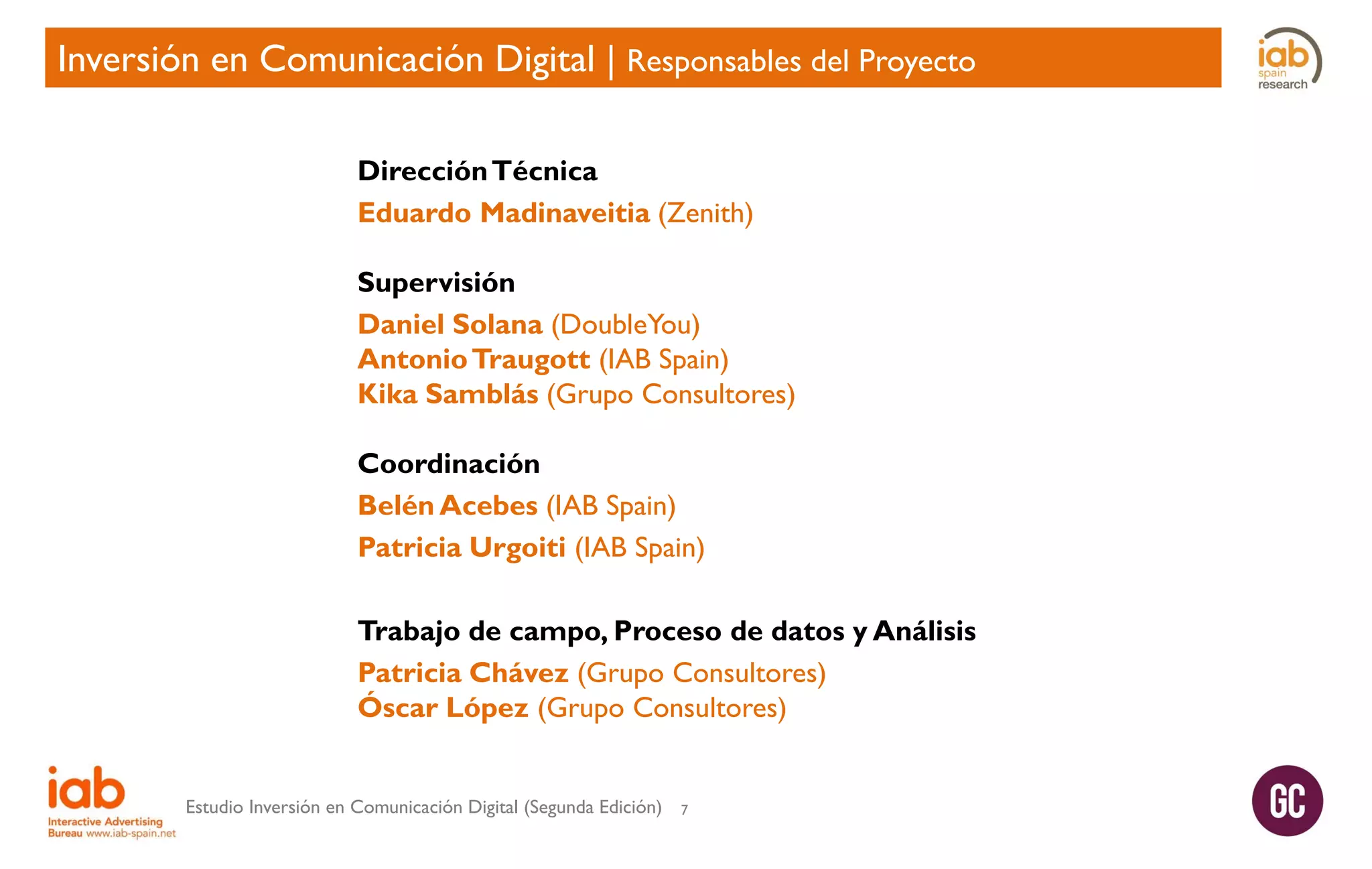Inversión en Comunicación Digital | Responsables del Proyecto
Dirección Técnica
Eduardo Madinaveitia (Zenith)
Supervisión
Daniel Solana (DoubleYou)
Antonio Traugott (IAB Spain)
Kika Samblás (Grupo Consultores)
Coordinación
Belén Acebes (IAB Spain)
Patricia Urgoiti (IAB Spain)
Trabajo de campo, Proceso de datos y Análisis
Patricia Chávez (Grupo Consultores)
Óscar López (Grupo Consultores)
Estudio Inversión en Comunicación Digital (Segunda Edición)

7

 