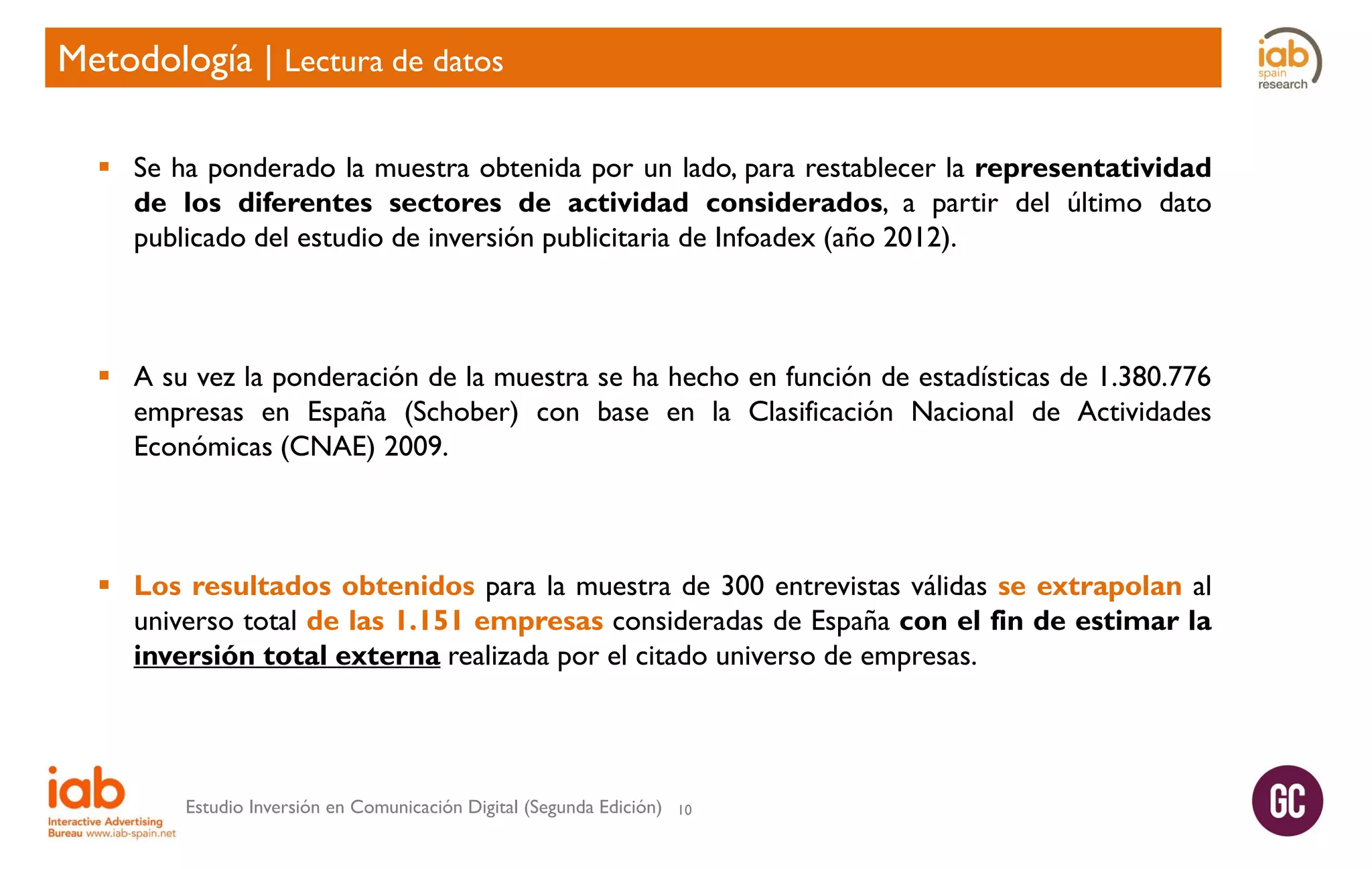 Metodología | Lectura de datos
 Se ha ponderado la muestra obtenida por un lado, para restablecer la representatividad
de los diferentes sectores de actividad considerados, a partir del último dato
publicado del estudio de inversión publicitaria de Infoadex (año 2012).

 A su vez la ponderación de la muestra se ha hecho en función de estadísticas de 1.380.776
empresas en España (Schober) con base en la Clasificación Nacional de Actividades
Económicas (CNAE) 2009.

 Los resultados obtenidos para la muestra de 300 entrevistas válidas se extrapolan al
universo total de las 1.151 empresas consideradas de España con el fin de estimar la
inversión total externa realizada por el citado universo de empresas.

Estudio Inversión en Comunicación Digital (Segunda Edición)

10

 