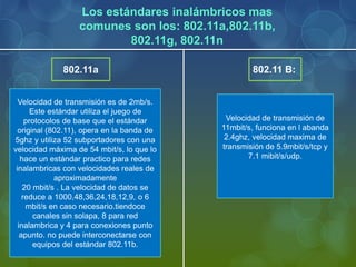 Velocidad de transmisión es de 2mb/s.
Este estándar utiliza el juego de
protocolos de base que el estándar
original (802.11), opera en la banda de
5ghz y utiliza 52 subportadores con una
velocidad máxima de 54 mbit/s, lo que lo
hace un estándar practico para redes
inalambricas con velocidades reales de
aproximadamente
20 mbit/s . La velocidad de datos se
reduce a 1000,48,36,24,18,12,9, o 6
mbit/s en caso necesario.tiendoce
canales sin solapa, 8 para red
inalambrica y 4 para conexiones punto
apunto. no puede interconectarse con
equipos del estándar 802.11b.
Velocidad de transmisión de
11mbit/s, funciona en l abanda
2.4ghz, velocidad maxima de
transmisión de 5.9mbit/s/tcp y
7.1 mibit/s/udp.
Los estándares inalámbricos mas
comunes son los: 802.11a,802.11b,
802.11g, 802.11n
802.11a 802.11 B:
 