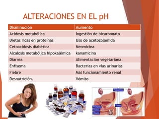 ALTERACIONES EN EL pH
Disminución Aumento
Acidosis metabólica Ingestión de bicarbonato
Dietas ricas en proteínas Uso de acetozolamida
Cetoacidosis diabética Neomicina
Alcalosis metabólica hipokalémica kanamicina
Diarrea Alimentación vegetariana.
Enfisema Bacterias en vías urinarias
Fiebre Mal funcionamiento renal
Desnutrición. Vómito
 
