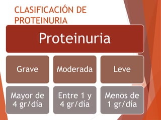 CLASIFICACIÓN DE
PROTEINURIA
Proteinuria
Grave
Mayor de
4 gr/día
Moderada
Entre 1 y
4 gr/día
Leve
Menos de
1 gr/día
 