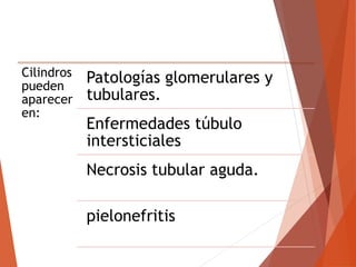 Cilindros
pueden
aparecer
en:
Patologías glomerulares y
tubulares.
Enfermedades túbulo
intersticiales
Necrosis tubular aguda.
pielonefritis
 