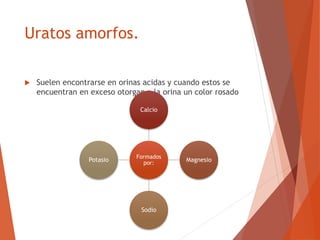 Uratos amorfos.
 Suelen encontrarse en orinas acidas y cuando estos se
encuentran en exceso otorgan a la orina un color rosado
Formados
por:
Calcio
Magnesio
Sodio
Potasio
 