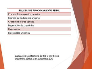 PRUEBAS DE FUNCIONAMIENTO RENAL
Examen físico químico de orina
Examen de sedimento urinario
Creatinina y urea séricas
Depuración de creatinina
Proteinuria
Electrolitos urinarios
Evaluación satisfactoria de FR  medición
creatinina sérica y un cuidadoso EGO
 