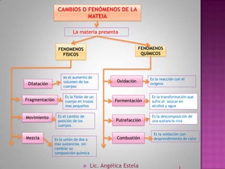 CAMBIOS O FENÓMENOS DE LA
                           MATEIA

                          La materia presenta


                  FENOMENOS                                   FENÓMENOS
                    FÍSICOS                                    QUÍMICOS




                     es el aumento de                             Es la reacción con el
                     volumen de los               Oxidación
 Dilatación                                                       oxígeno
                     cuerpos

                      Es la fisión de un                           Es la transformación que
Fragmentación         cuerpo en trozos           Fermentación      sufre el azúcar en
                      mas pequeños                                 alcohol y agua


Movimiento        Es el cambio de                                  Es la descomposición de
                  posición de los                Putrefacción      una sustancia viva
                  cuerpos

                                                                    Es la oxidación con
Mezcla          Es la unión de dos o              Combustión        desprendimiento de calor
                mas sustancias sin
                cambiar su
                composición química


                                      Lic. Angélica Estela
 