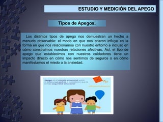 Tipos de Apegos.
Los distintos tipos de apego nos demuestran un hecho a
menudo observable: el modo en que nos criaron influye en la
forma en que nos relacionamos con nuestro entorno e incluso en
cómo construimos nuestras relaciones afectivas. Así, el tipo de
apego que establecimos con nuestros cuidadores tiene un
impacto directo en cómo nos sentimos de seguros o en cómo
manifestamos el miedo o la ansiedad.
ESTUDIO Y MEDICIÓN DEL APEGO
 