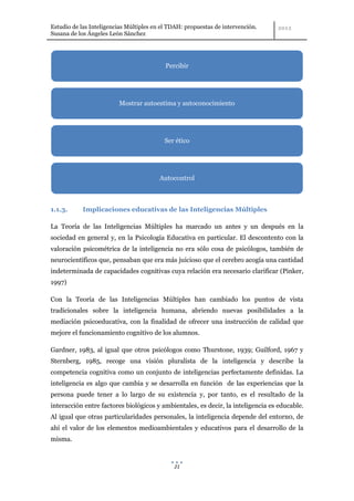 Estudio de las Inteligencias Múltiples en el TDAH: propuestas de intervención.
Susana de los Ángeles León Sánchez




                                           Percibir




                         Mostrar autoestima y autoconocimiento




                                           Ser ético




                                         Autocontrol



1.1.3.      Implicaciones educativas de las Inteligencias Múltiples

La Teoría de las Inteligencias Múltiples ha marcado un antes y un después en la
sociedad en general y, en la Psicología Educativa en particular. El descontento con la
valoración psicométrica de la inteligencia no era sólo cosa de psicólogos, también de
neurocientíficos que, pensaban que era más juicioso que el cerebro acogía una cantidad
indeterminada de capacidades cognitivas cuya relación era necesario clarificar (Pinker,
1997)

Con la Teoría de las Inteligencias Múltiples han cambiado los puntos de vista
tradicionales sobre la inteligencia humana, abriendo nuevas posibilidades a la
mediación psicoeducativa, con la finalidad de ofrecer una instrucción de calidad que
mejore el funcionamiento cognitivo de los alumnos.

Gardner, 1983, al igual que otros psicólogos como Thurstone, 1939; Guilford, 1967 y
Sternberg, 1985, recoge una visión pluralista de la inteligencia y describe la
competencia cognitiva como un conjunto de inteligencias perfectamente definidas. La
inteligencia es algo que cambia y se desarrolla en función de las experiencias que la
persona puede tener a lo largo de su existencia y, por tanto, es el resultado de la
interacción entre factores biológicos y ambientales, es decir, la inteligencia es educable.
Al igual que otras particularidades personales, la inteligencia depende del entorn0, de
ahí el valor de los elementos medioambientales y educativos para el desarrollo de la
misma.



                                              21
 