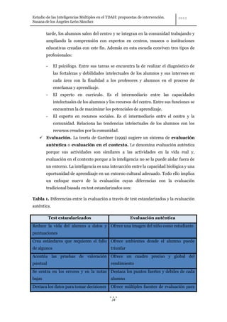 Estudio de las Inteligencias Múltiples en el TDAH: propuestas de intervención.
Susana de los Ángeles León Sánchez


        tarde, los alumnos salen del centro y se integran en la comunidad trabajando y
        ampliando la comprensión con expertos en centros, museos o instituciones
        educativas creadas con este fin. Además en esta escuela conviven tres tipos de
        profesionales:

        -     El psicólogo. Entre sus tareas se encuentra la de realizar el diagnóstico de
              las fortalezas y debilidades intelectuales de los alumnos y sus intereses en
              cada área con la finalidad a los profesores y alumnos en el proceso de
              enseñanza y aprendizaje.
        -     El experto en currículo. Es el intermediario entre las capacidades
              intelectuales de los alumnos y los recursos del centro. Entre sus funciones se
              encuentran la de maximizar los potenciales de aprendizaje.
        -     El experto en recursos sociales. Es el intermediario entre el centro y la
              comunidad. Relaciona las tendencias intelectuales de los alumnos con los
              recursos creados por la comunidad.
     Evaluación. La teoría de Gardner (1999) sugiere un sistema de evaluación
        auténtica o evaluación en el contexto. Le denomina evaluación auténtica
        porque sus actividades son similares a las actividades en la vida real y,
        evaluación en el contexto porque a la inteligencia no se la puede aislar fuera de
        un entorno. La inteligencia es una interacción entre la capacidad biológica y una
        oportunidad de aprendizaje en un entorno cultural adecuado. Todo ello implica
        un enfoque nuevo de la evaluación cuyas diferencias con la evaluación
        tradicional basada en test estandarizados son:

Tabla 1. Diferencias entre la evaluación a través de test estandarizados y la evaluación
auténtica.

            Test estandarizados                          Evaluación auténtica
Reduce la vida del alumno a datos y Ofrece una imagen del niño como estudiante
puntuaciones
Crea estándares que requieren el fallo Ofrece ambientes donde el alumno puede
de algunos                                    triunfar
Acentúa las pruebas de valoración Ofrece un cuadro preciso y global del
puntual                                       rendimiento
Se centra en los errores y en la notas Destaca los puntos fuertes y débiles de cada
bajas                                         alumno
Destaca los datos para tomar decisiones       Ofrece múltiples fuentes de evaluación para


                                              24
 